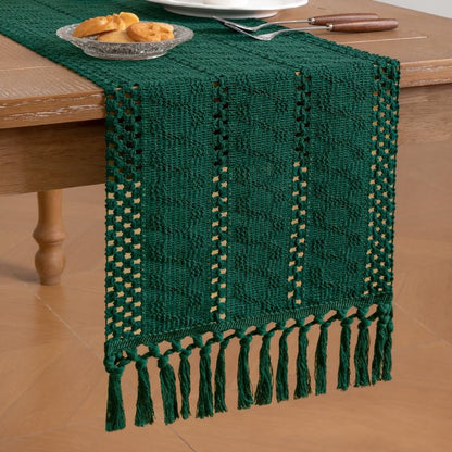 Socomi Boho Table Runner Summer Farmhouse Rustic Dining Kitchen Centerpiece Decor Small Macrame Woven Cotton Linen Coffee Table Runner for Dresser Scarf Home Decor 12x48 inch Emerald Green