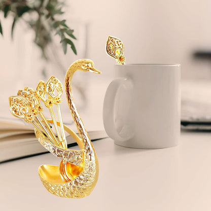 Coffee Spoon Set with Swan Base Holder, Metal Swan Base Holder Spoon Organizer with 6 Spoons, Small Delicate Spoons for Coffee Fruit Dessert Ice Cream Cake (Gold)