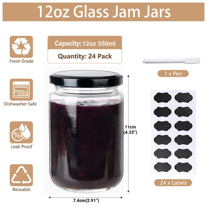 BPFY 24Pack 12oz Glass Jars with Lids, 350ml Clear Candle Jars for Making Candles, Reusable & Dishwasher Safe Manson Canning Jar Bulk for Jam, Jelly, Honey, Pickles, Spice