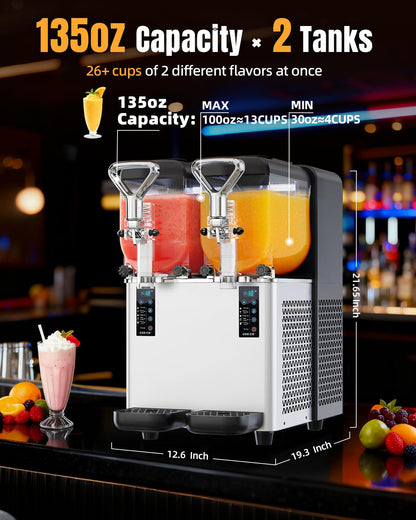 Slushy Machine for Home, 135oz x 2 Tank Slushie Machine for Commercial & Home Use, Margarita Machine with LED Lights 400W Fast Chill & Quiet for Restaurant Bar Cafes Food Truck, No Ice Needed