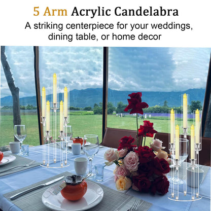 Cheloment 4 Sets 5 Arms Acrylic Candelabra Centerpieces for Tables, 27" Clear Candle Holder for Wedding Dinner Party and Home Decor,Candlesticks Holder with LED Candles
