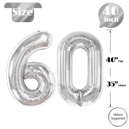Silver Number 60 Balloon 40 inch, 60 Number Balloons, 60th Silver Birthday Decorations for Girls Boys Kids, 60 Year Old Women Men Silver Party Supplies