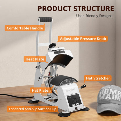HTVRONT Hat Press Machine - Hat Press Heat Machine for Caps with 2 Platens & Caps Stretcher, White Hat Heat Press Machine for Caps with Memory Mode and Non-Slip Base for Heat Transfer Vinyl