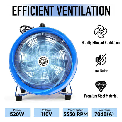 Sewinfla 12-inch 520W Utility Blower, High Velocity Low Noise Portable Exhaust Fan 3350 r/min with 16.5ft PVC Flexible Duct Hose, Heavy Duty Cylinder Ventilator for Home & Workplace Fume Ventilation