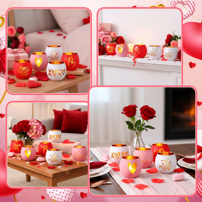 FoldTier 6 Pcs Valentines Candle Holders Love Glass Tealight Votive Candle Holder for Table Centerpiece Valentine's Day Wedding Party Decoration Home Tabletop Decor Gift
