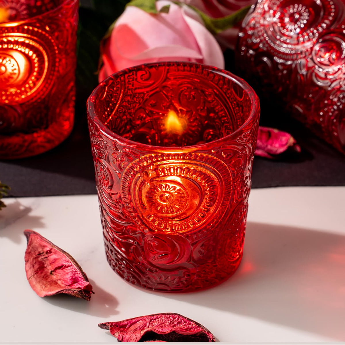 6 Pack Sun Moon Star Embossed Glass Tea Light Candle Holders - Votive Candle Holders for Wedding, Party, Home Decor, and Table Centerpieces (Ruby Red)