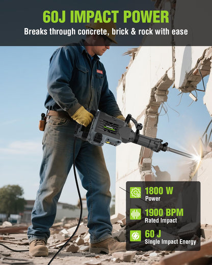 WORKPRO 60 J Demolition Jack Hammer – 15A Heavy Duty Electric Concrete Breaker, 1900 BPM Industrial Jackhammer with 2 HEX30 Chisels, UL Plug, Wheeled Carry Case for Construction & Renovation