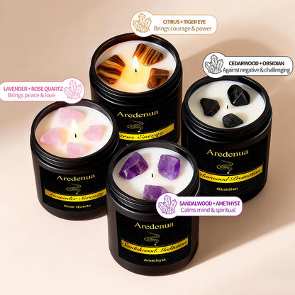 Aredenua Scented Candles Set, 4 Pack Crystal Healing Candles with Rose Quartz Amethyst Tiger Eye Obsidian, 7oz Natural Soy Wax Candles, Lavender Citrus Sandalwood Cedar, Meditation Gifts for Women Men