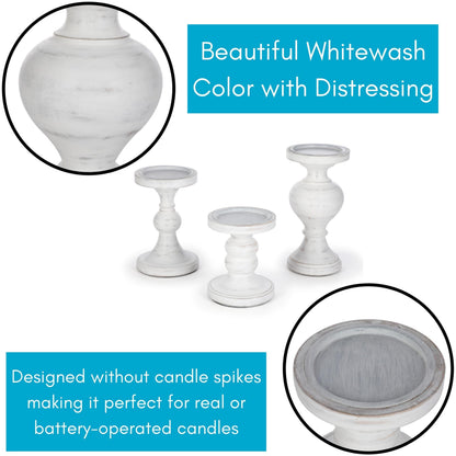 BIRDROCK HOME 3pc Pillar Candleholders - Whitewash - Farmhouse Decor - Wooden Candle Holders - Table Centerpiece - Stand