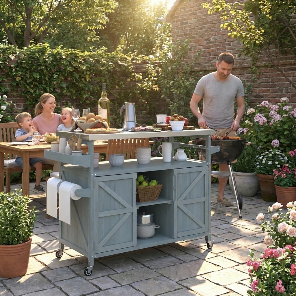 50.25" Outdoor Kitchen Island with Wheels for Food Prep, Strage, Bar, Rolling Outdoor Grill Table for Outside, Outside Cooking Table, Grill Carts, Cooking Station, Modular, Solid Wood, Grey Blue