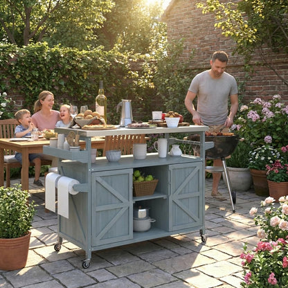 50.25" Outdoor Kitchen Island with Wheels for Food Prep, Strage, Bar, Rolling Outdoor Grill Table for Outside, Outside Cooking Table, Grill Carts, Cooking Station, Modular, Solid Wood, Grey Blue