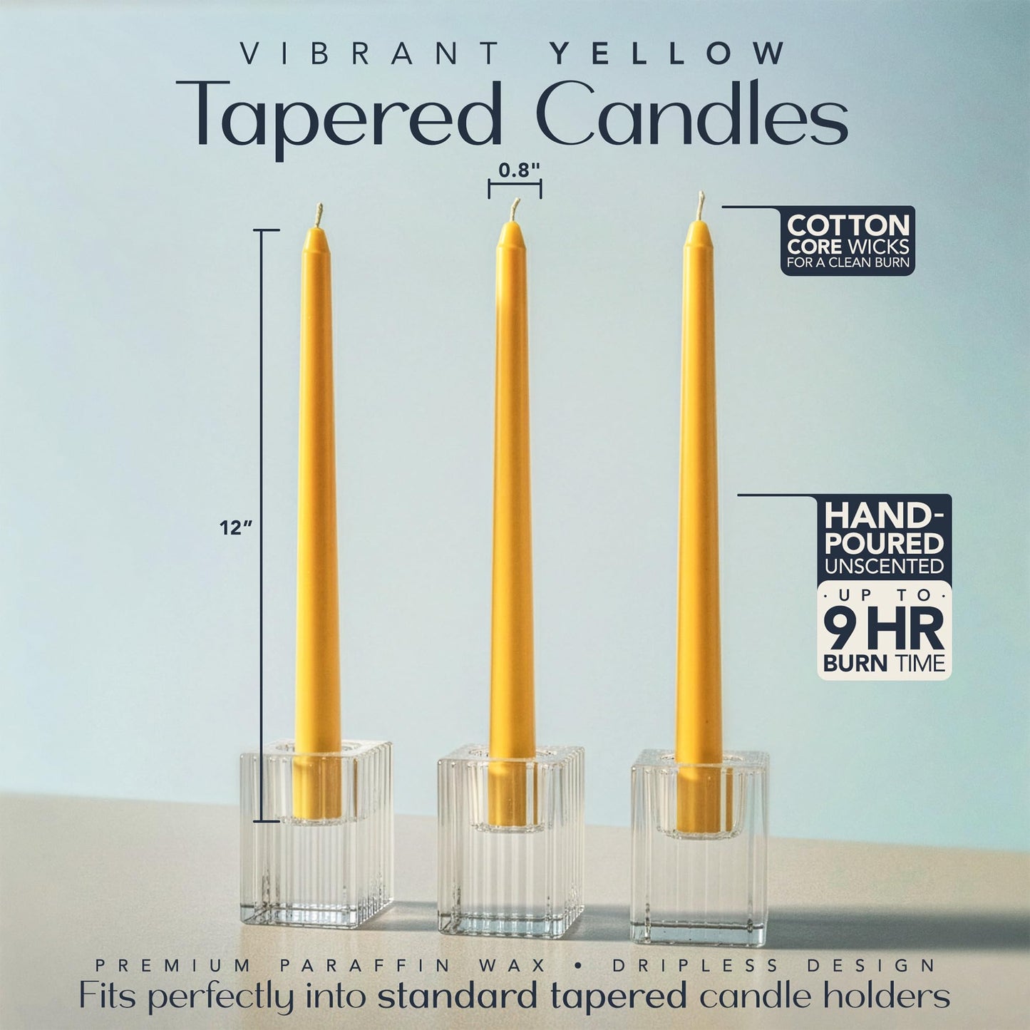 Royal Imports Unscented Taper Candles, Tall Elegant Premium, Dripless & Smokeless, Hand-Dipped for Wedding, Christmas, Holiday, Home Decor - 9 Hour Burn Time - Set of 12 (12 Inch, Yellow)