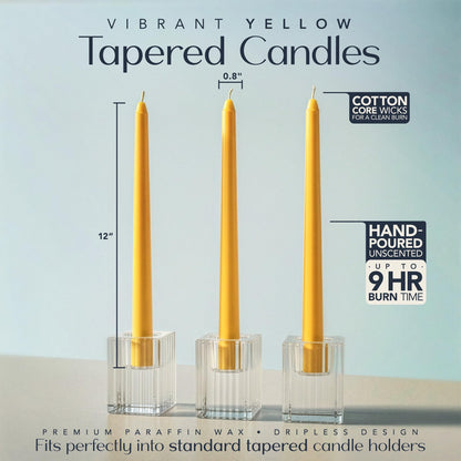 Royal Imports Unscented Taper Candles, Tall Elegant Premium, Dripless & Smokeless, Hand-Dipped for Wedding, Christmas, Holiday, Home Decor - 9 Hour Burn Time - Set of 12 (12 Inch, Yellow)