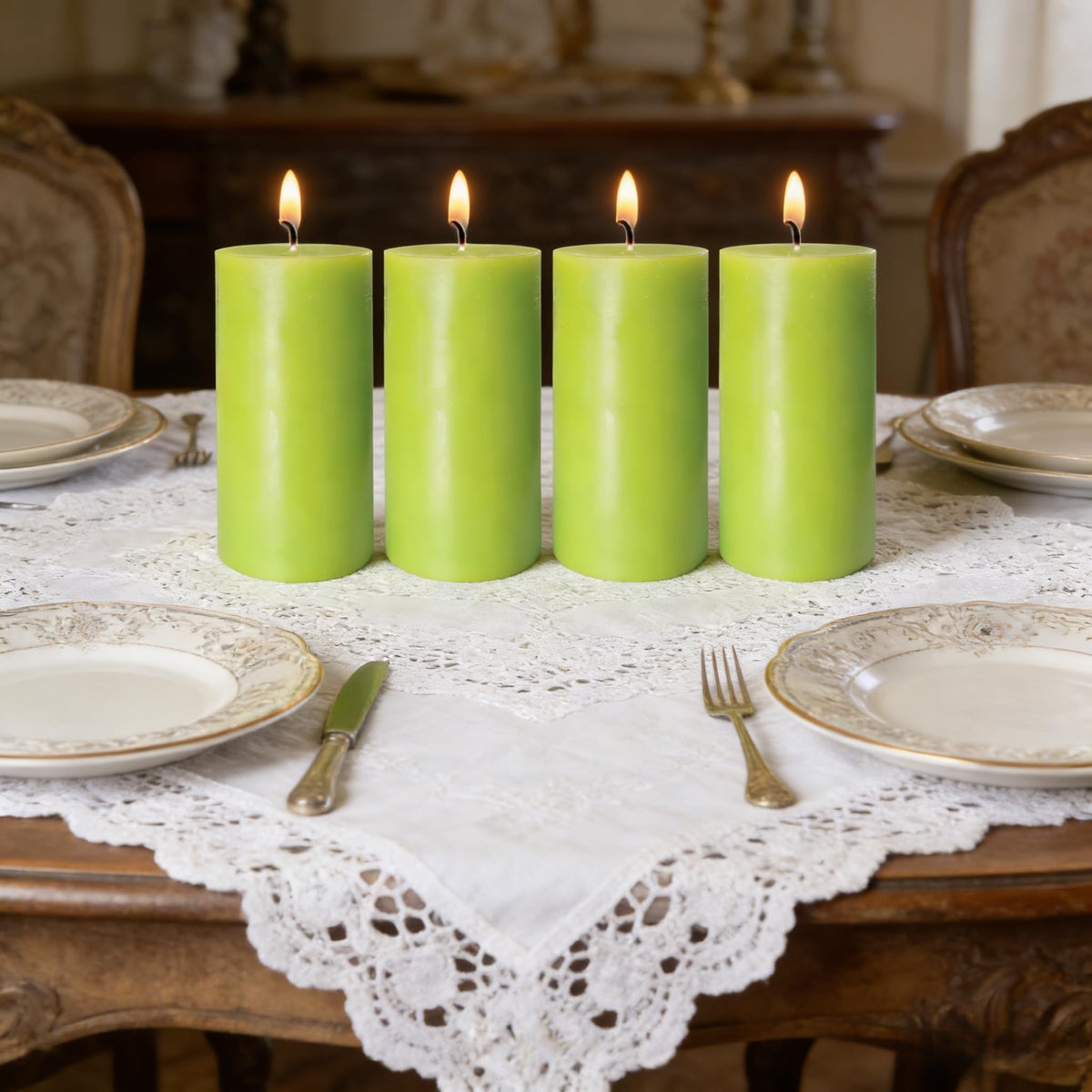 4 Pack Apple Green Pillar Candles, 2x4 Inch, Long-Lasting, Dripless and Smokeless Unscented Candles, Ideal for Home Décor, Parties Weddings and Relaxation