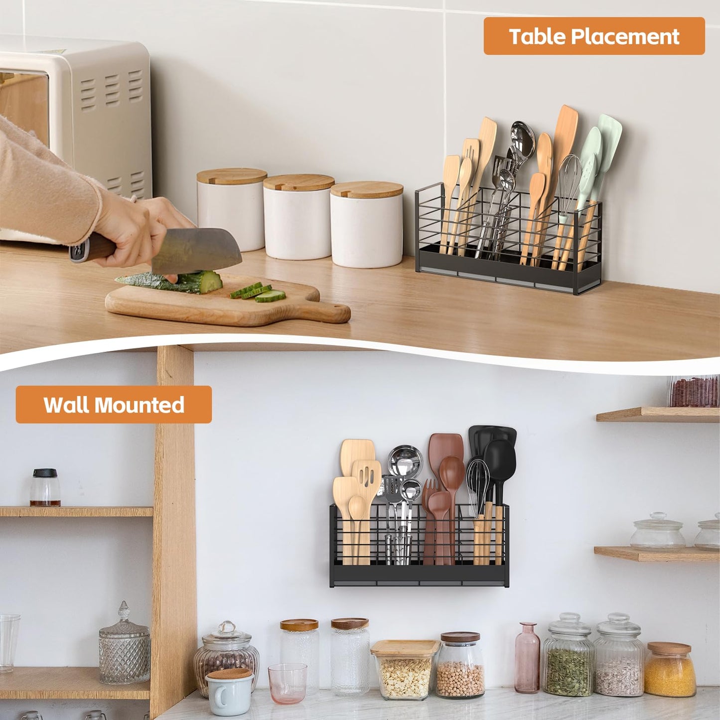VEESUN Large Utensil Holder with Diatomaceous Earth Base, for Kitchen Counter, Cooking Utensil Organizer, 4 Compartments