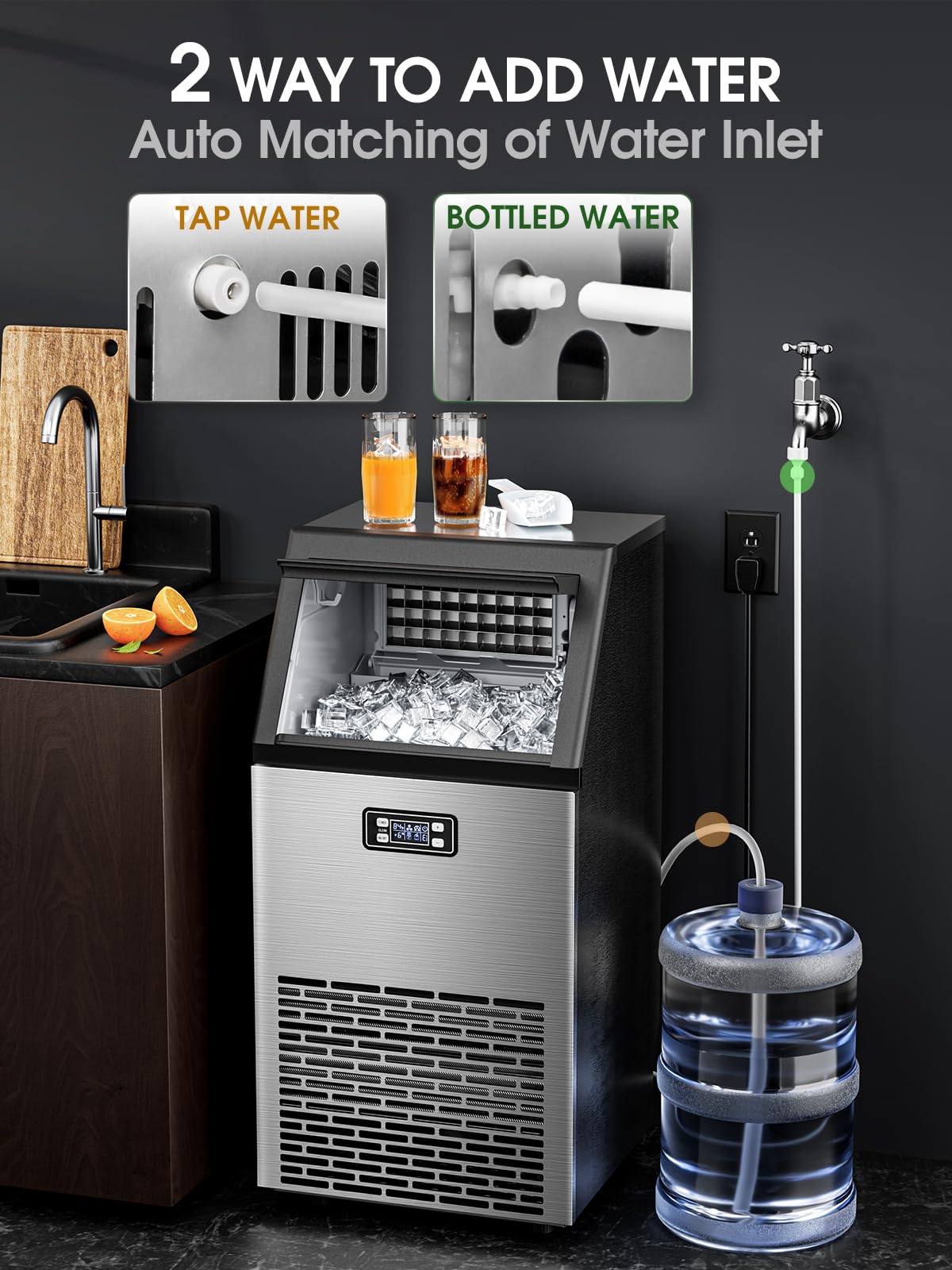 Electactic Commercial Ice Maker Machine,100lbs/24H Stainless Steel Ice Machine,33lbs Storage, Auto Self-Cleaning Freestanding Ice Maker, Ice Machine Freestanding for Bar/Cafe/Restaurant-Dark Silver