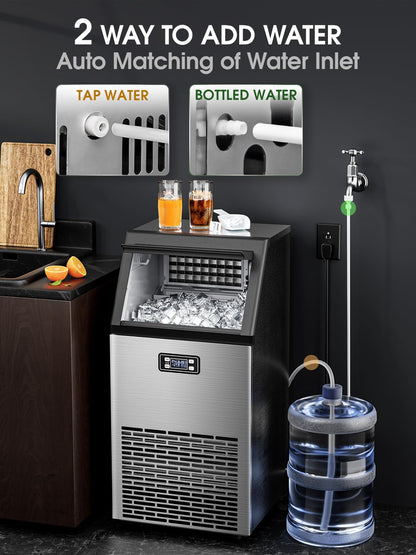 Electactic Commercial Ice Maker Machine,100lbs/24H Stainless Steel Ice Machine,33lbs Storage, Auto Self-Cleaning Freestanding Ice Maker, Ice Machine Freestanding for Bar/Cafe/Restaurant-Dark Silver