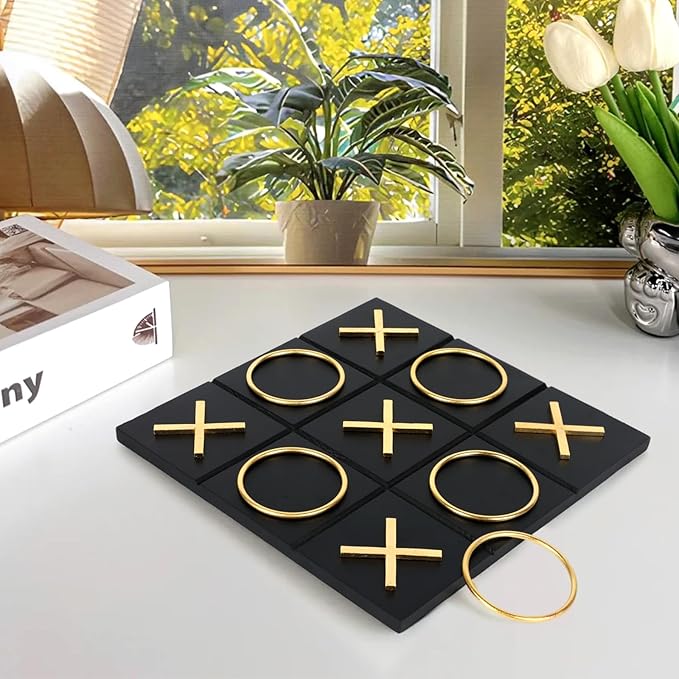 Tic Tac Toe Decor 10 x 10 Inch Wooden Black Wood Board with Gold/Silver X and O Pieces Modern Minimalist Coffee Table Decor for Living Room Office and Bookshelf Display (Gold)