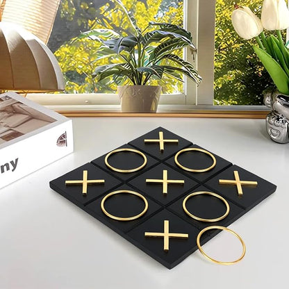 Tic Tac Toe Decor 10 x 10 Inch Wooden Black Wood Board with Gold/Silver X and O Pieces Modern Minimalist Coffee Table Decor for Living Room Office and Bookshelf Display (Gold)