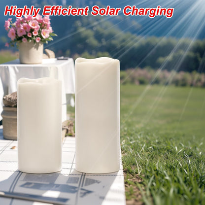 Wondise Solar Powered Flameless Candles IP65 Outdoor Waterproof Rechargeable LED Candles Battery Operated Dusk to Dawn Plastic for Camping Patio Porch Lanterns(2 Pack, 4" D x 8" H x 10" H)