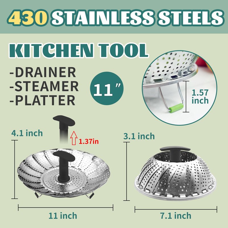AGIgear Vegetable Steamer Basket,Stainless Steel Steamer Basket,Folding Expandable Steaming Vegetable/Fish/Seafood Steaming Pot Insert Fits Various Size Pot(6.5"to11") (Black11)