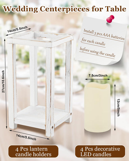Huquary 8 Pcs Wooden Wedding Lantern Centerpiece for Table Decoration Includes 4 Farmhouse Candle Holder and 4 Flameless Decorative LED Candles for Rustic Home Wedding Decor(White)