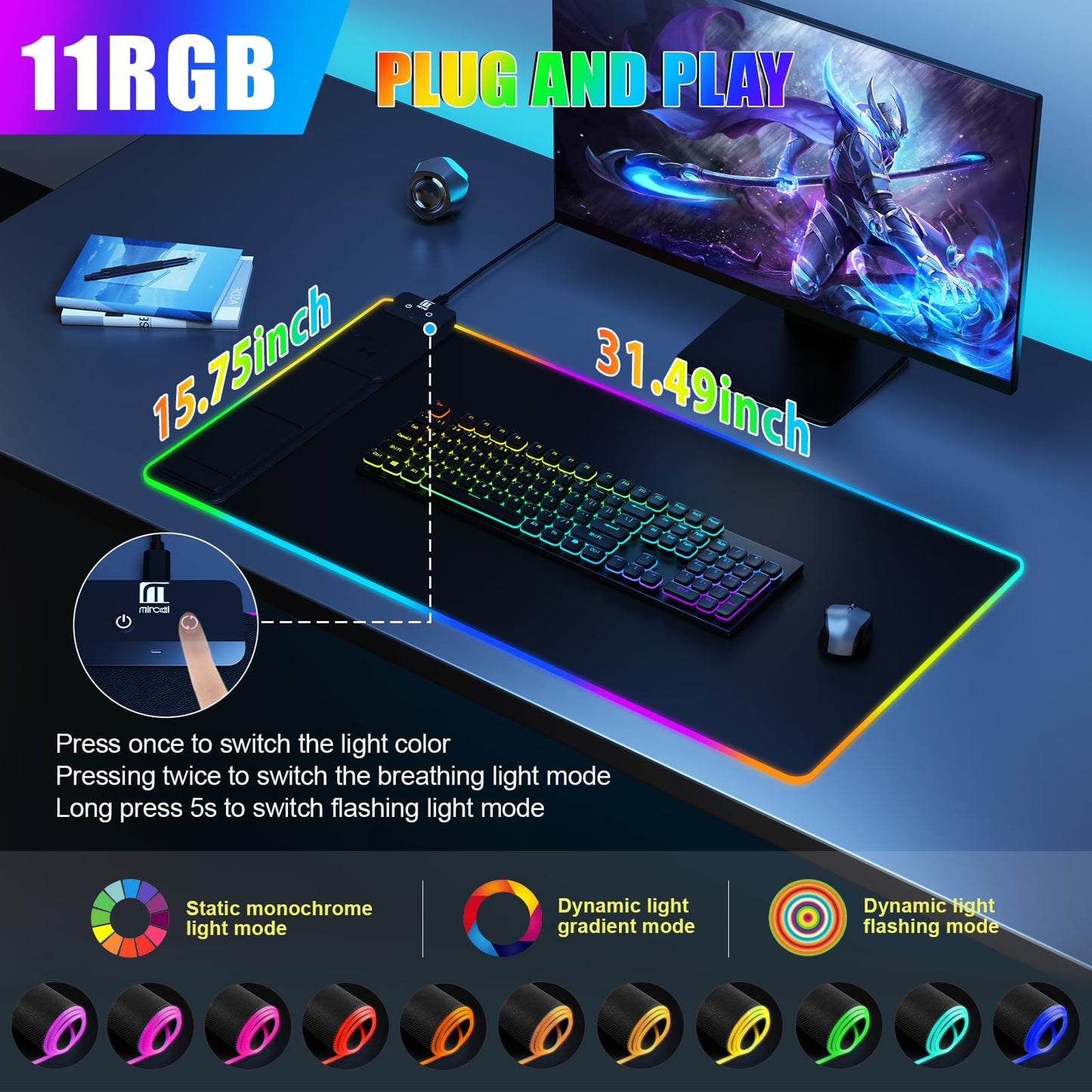Mouse Pad with Wireless Charging, Large Desk Mat RGB Gaming Mousepad, 10 Light Colors LED Gaming Pad Keyboard Pad with Ultra-Smooth Surface & Non-Slip Rubber Base, Waterproof Full Desk Mouse Pad