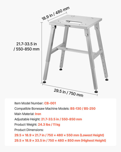 VEVOR Electric Meat Bandsaw Stand, Floor Stand with Adjustable Height, Stable H-Shaped Frame, Anti-Slip Foot Pads, for Our Bone Saw Machine, Compatible with Models BS-130/HC-130&BS-250/HC-250