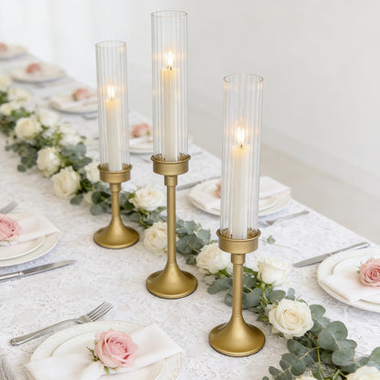 NOLIPED Gold Hurricane Candle Holders - Brass Candlestick Holders Set of 3 Tall Taper Candlesticks Fluted Glass Candle Stick Holder Decor for Wedding Party Christmas Mantel Dining Table Centerpieces