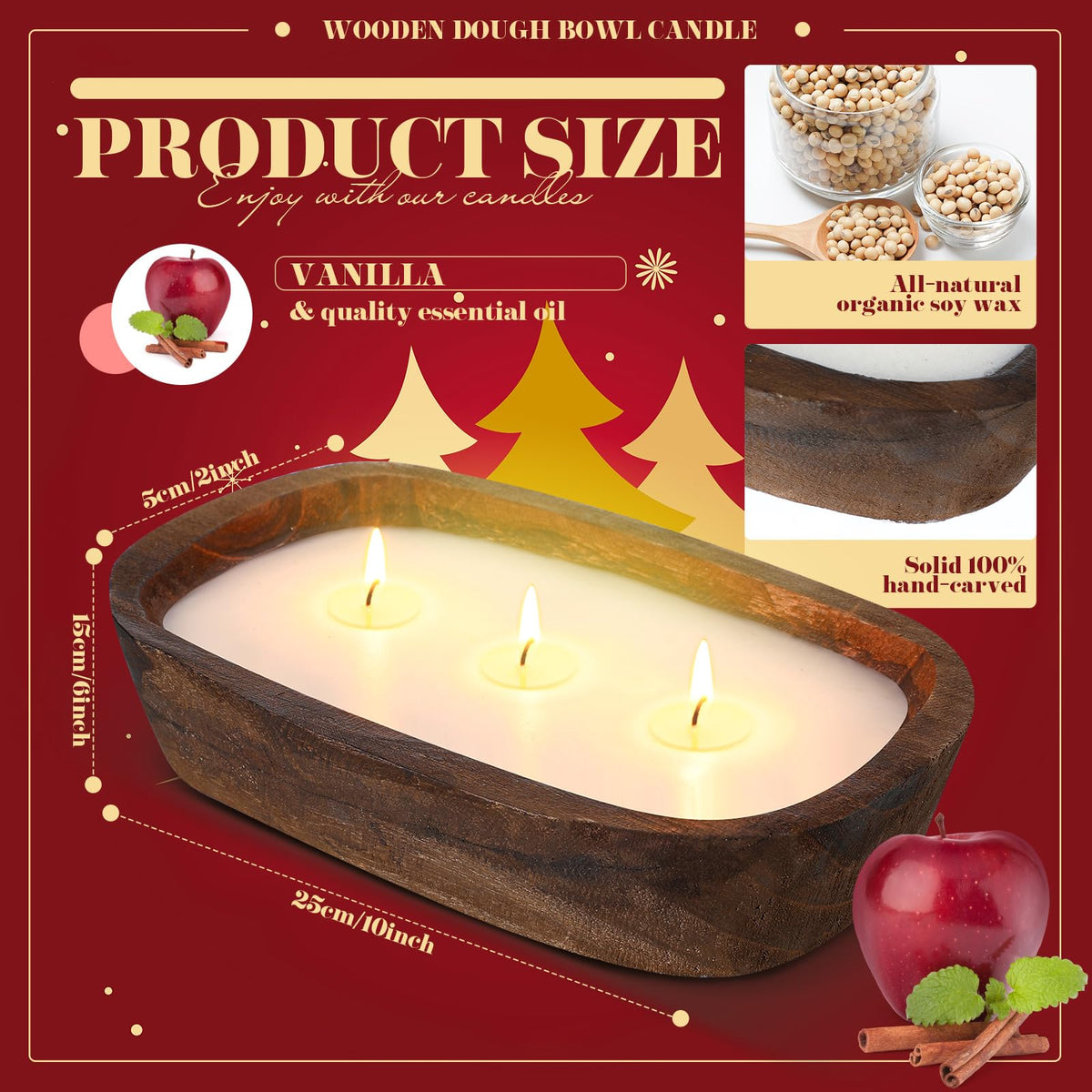Threlaco 1 Pack 10 Inch Wood Dough Bowl Candles Home Rustic Dough Bowl Soy Candle 3 Wick Scented Candles Gifts for Men Women Farmhouse Table Centerpiece Home Decor for Christmas(Apple Cinnamon)