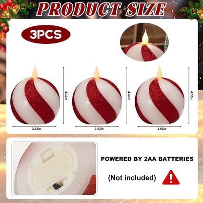 Set of 3 Christmas Sphere Candy-Cane Flameless Candles - Red White Real Wax Flickering Ball Candles Battery Operated with Remote, Candy Cane Christmas Decorations, Xmas Party Tables Centerpieces Decor