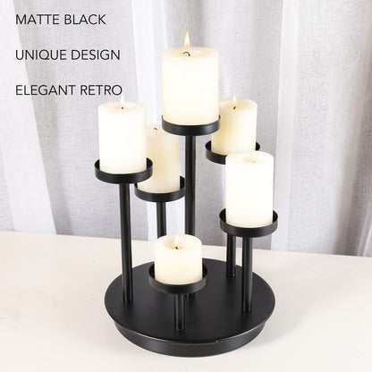 Omquot Retro Elegant 6 Arm Matte Black Iron Candle Holder for Dining Room Bar Decoration