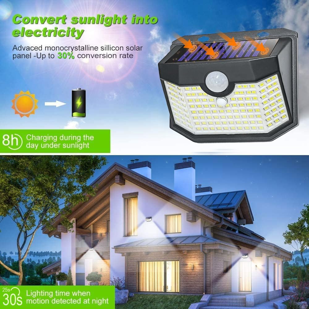 HMCITY 120 LED Outdoor Solar Lights with Motion Sensor and 3 Lighting Modes, IP65 Waterproof Wide Solar Wall Lights Ideal for Garden Patio Yard(6 Pack)