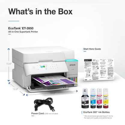 Epson EcoTank ET-3950 Wireless All-in-One Color Supertank Printer with up to 3 Years of Ink Refillable Tanks, Perfect for Home Office, 18 PPM, 2.4" Colorful Touchscreen, Auto Document Feeder - White