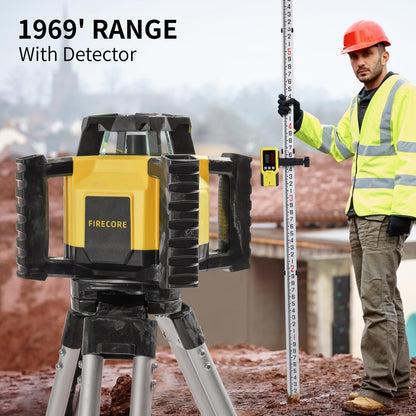 Firecore Self-Leveling Dual Slope Horizontal Rotary Laser Level Kit, 1969-Foot Range, IP55 Rated, Includes Tripod, Grade Rod, Detector, 2 Batteries, Carrying Case, and Accessories