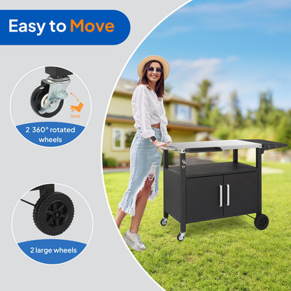 ROVSUN Gourmet Grill Cart with Storage, Movable Grill Table with Wheels, Hooks and Spice Rack, Stainless Steel Top & Storage Cabinet, Pizza Oven Cart for Camping, Tailgating, and Outdoor Cooking