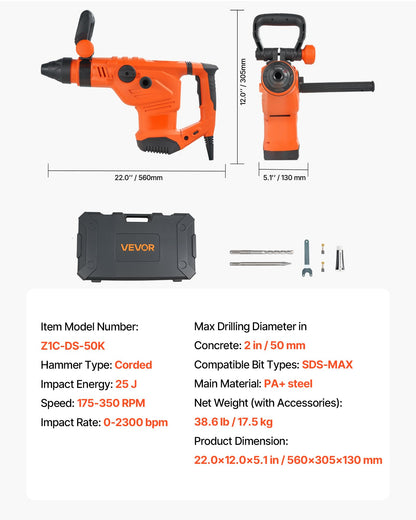 VEVOR 1-3/4" SDS-Max Rotary Hammer Drill, 13Amp Corded Drills, Heavy Duty Chipping Hammers w/Vibration Control & Safety Clutch, Electric Demolition Hammers, Power Tool For Concrete