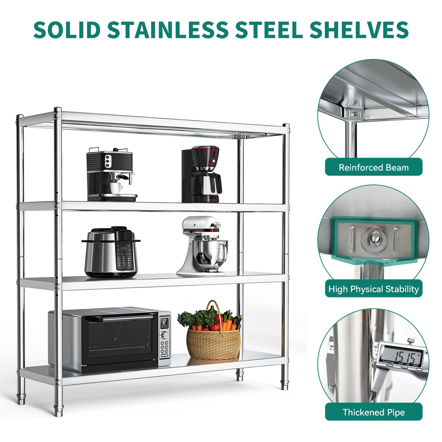 YITAHOME NSF Stainless Steel Shelves, 60"*18"*60" 4 Tier Storage Shelf, Heavy Duty Shelving for Kitchen Garage Office Restaurant Warehouse, 201 Bright Silver