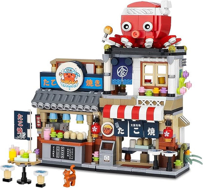 Japanese Street View Takoyaki Shop Mini Building Blocks MOC Creative Japanese Toys for Girls 6-12 Years Old 722 Pcs Simulation Architecture Construction Toy Gift Idea for Kids Adults
