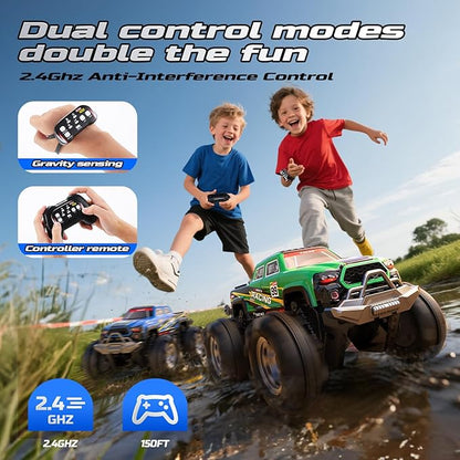 DEERC BG028 Amphibious RC Monster Truck/Boat IPX7 Waterproof Remote Control Car W/Gesture Sensing Control 2.4GHz 4WD RC Car W/ 360°RotationFlowing Light40mins Play RC Truck Toys for Kids Boys
