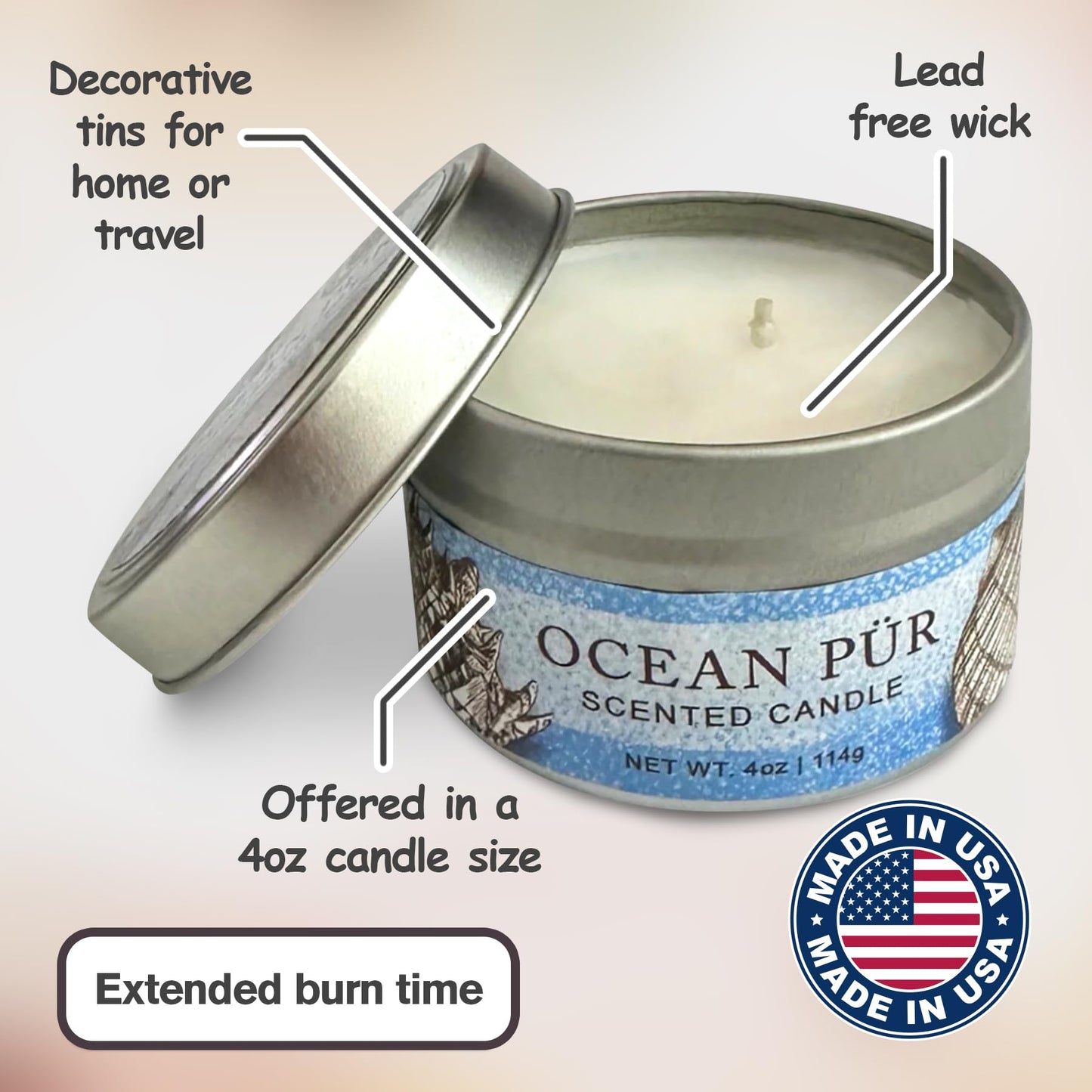 Greenwich Bay Hand-Poured Scented Candle in Decorative Tin – 4 oz/114 g Travel Candle with Lead-Free Wick, Vegetable Wax, Long-Burning Aromatherapy Gift, Single Wick – Made in USA (Ocean Pur)