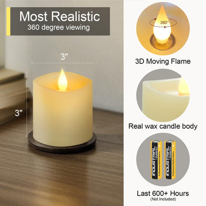 3x3 Flickering Flameless Candles Set of 3, 2AA Battery Life 600 Hours Battery Candles Flickering with Timer,3 inch Flameless Candles with Remote for Indoor/Outdoor, Ivory