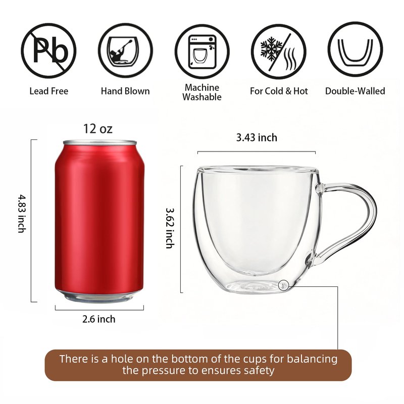 CNGLASS Double Wall Glass Coffee Mugs with Handle,10oz Clear Insulated Glass Espresso Cups for Hot and Cold Beverages,Latte,Cappuccino,Set of 2