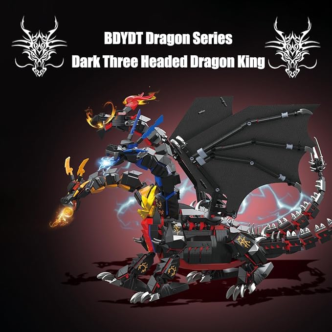 Dragon Series Dark Three Headed Dragon King Building Blocks Set （1400PCS）-Building Set Model Toys Gifts for Kid and AdultInteresting Gifts for Dragon Enthusiasts
