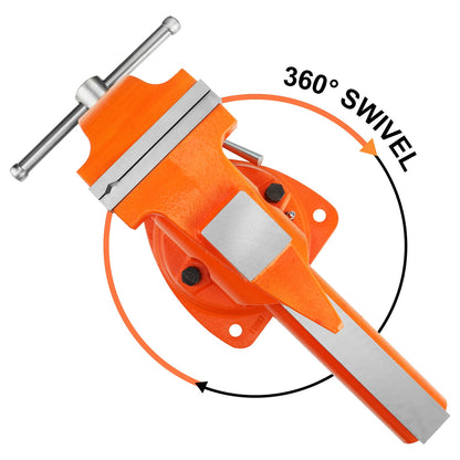 PONY Heavy Duty Bench Vise, 5-inch Jaw Width 7-inch Jaw Opening, 360-Degree Swivel Base with Anvil, Utility Combination Pipe Home Vise for Woodworking, One-Pair Vise Jaw Pad Included