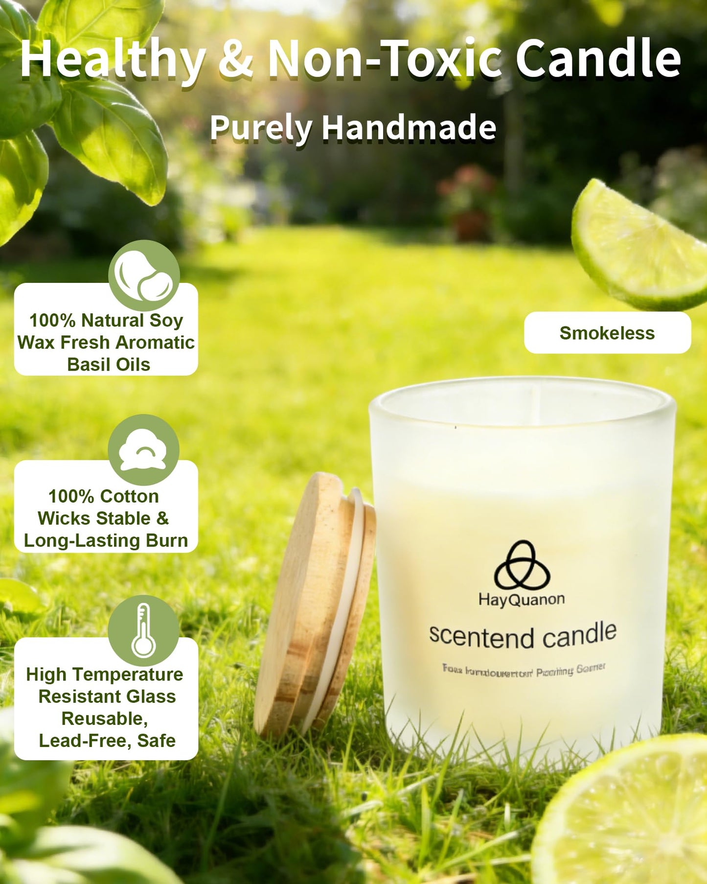 HayQuarion Lime & Basil Scented Non Toxic Candles for Home, Natural Soy Wax Aromatherapy Candle Gifts for Women Men, Meditation, Aromatherapy, Fresh Home Decor, Odor Eliminating Citrus for Kitchen