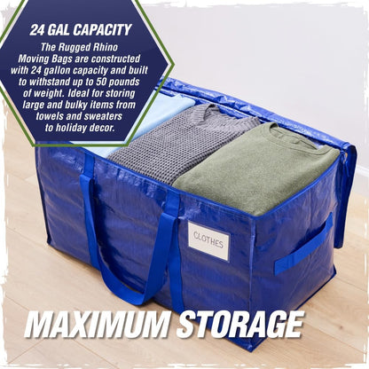 RUGGED RHINO Heavy Duty Extra Large Moving Bags - Durable Blue Storage Solution with Zipper & Strong Handles | 2 Pack