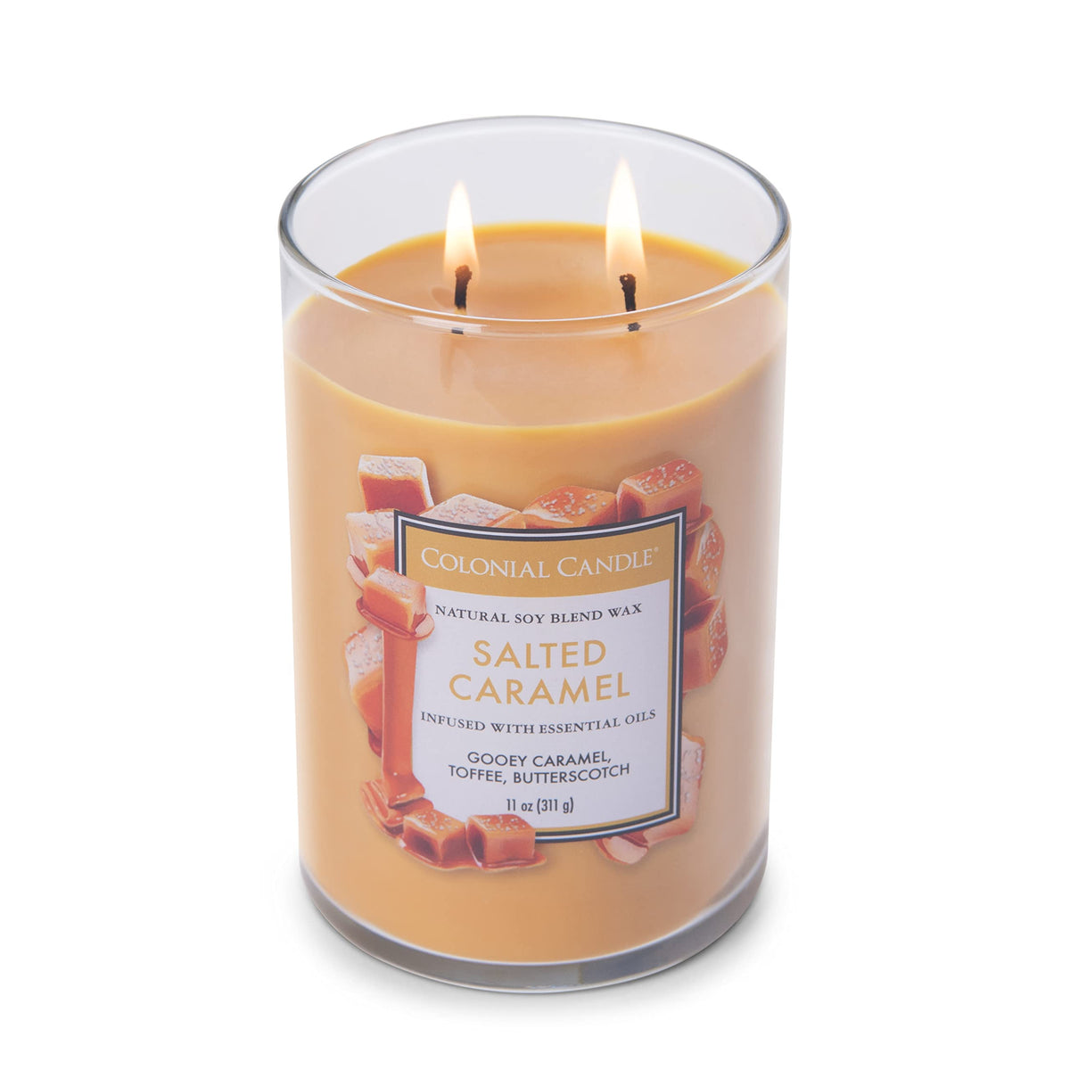 Colonial Candle Salted Caramel Scented Jar Candle, Classic Cylinders Collection, 2 Wick, Yellow, 11 oz - Up to 80 Hours Burn