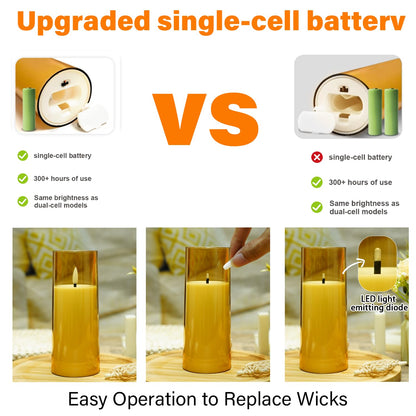 kakoya Flickering Flameless Candles Battery Operated with Remote and 2/4/6/8 H Timer Acrylic Led Pillar Candles Pack of 9 (appr D2.3"xH5.5"6.5"7.5")with Realistic 3D Wick Candles for Home Decor(Gold)