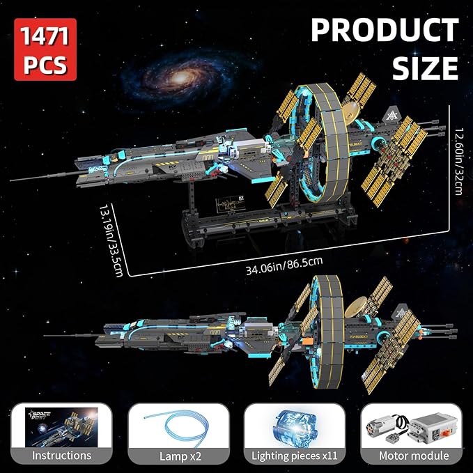 Space Station Spaceship Building Blocks Set with Motor &amp LED Lights Exploration Model Building Kits with Display Stand STEM Engineering Gift for KidsAdults and Space Fans (1471 PCS)